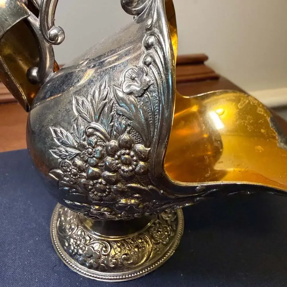 Vintage Silver Plated Sugar Scuttle with Scoop, Floral Repoussé Design